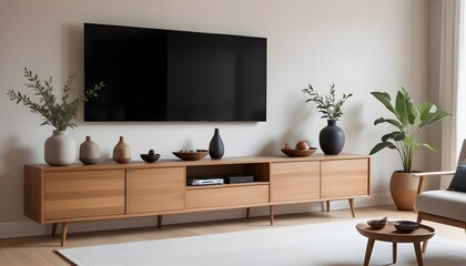 A minimalist living room with a wooden bench, a bonsai tree, and a framed artwork on the wall,zen