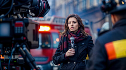 Obraz premium A woman is standing in front of a fire truck and holding a microphone