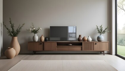 A minimalist living room with a wooden bench, a bonsai tree, and a framed artwork on the wall,zen