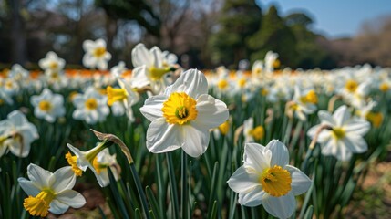 A beautiful field of white and yellow flowers with trees in the background. Suitable for nature and spring themed designs