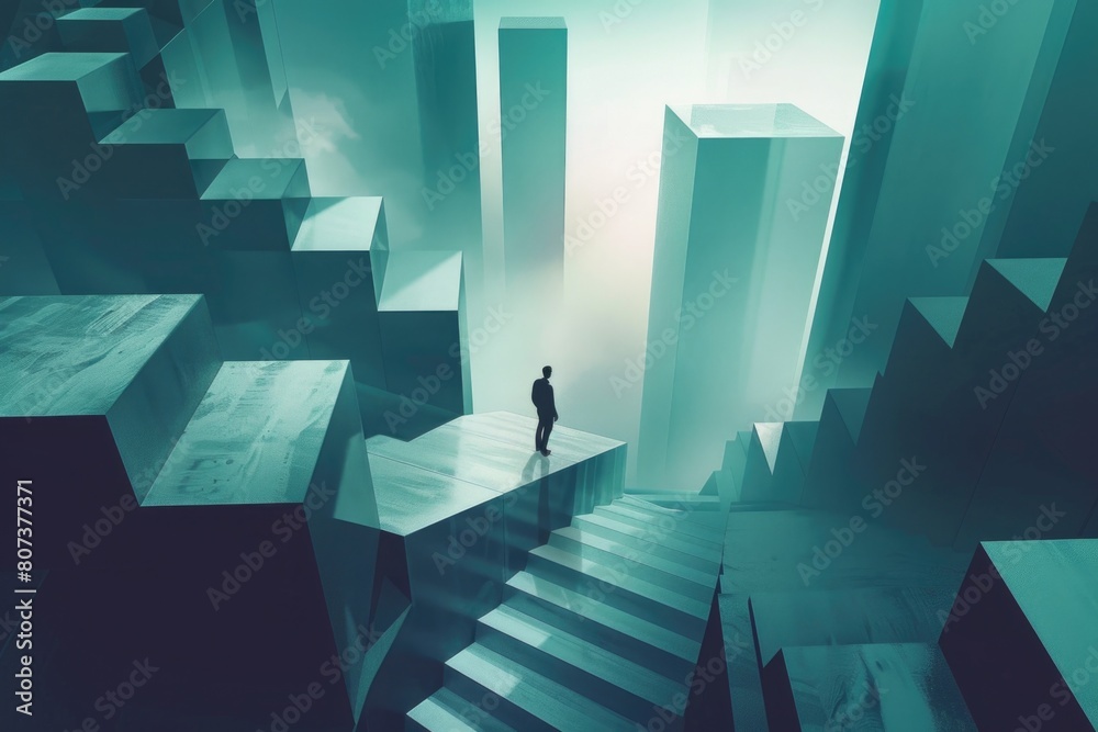 Poster a person standing on a set of stairs, suitable for various concepts