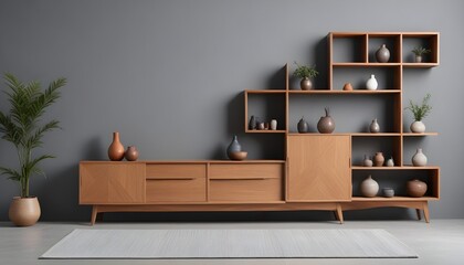 A minimalist living room with a wooden bench, a bonsai tree, and a framed artwork on the wall,zen