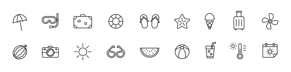 Travel, summer icon collection. Vacation summer beach set icons. Vector outline icons
