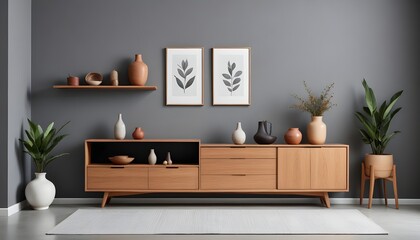 A minimalist living room with a wooden bench, a bonsai tree, and a framed artwork on the wall,zen