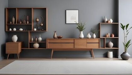 A minimalist living room with a wooden bench, a bonsai tree, and a framed artwork on the wall,zen