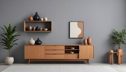 A minimalist living room with a wooden bench, a bonsai tree, and a framed artwork on the wall,zen