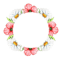 Floral frame of daisies and poppies. Watercolor round composition with white daisies, red poppies and buds. Floral template for greeting cards, wedding, birthday, first communion invitations. 