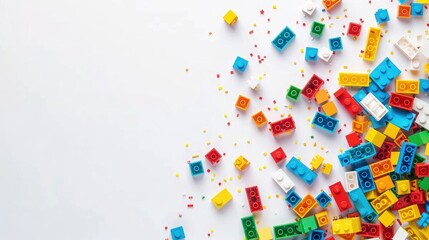 Colorful assorted Lego blocks scattered on white background