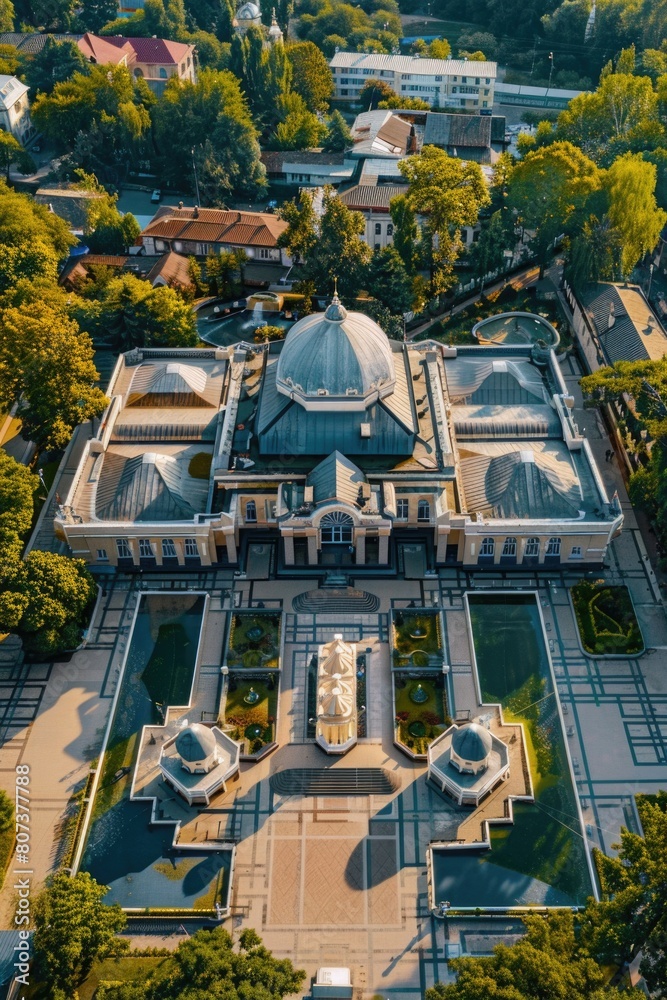 Aufkleber Aerial view of a building surrounded by trees. Suitable for architectural and environmental concepts