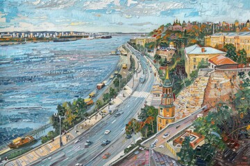 A picturesque painting of a city by the water. Suitable for travel brochures or home decor