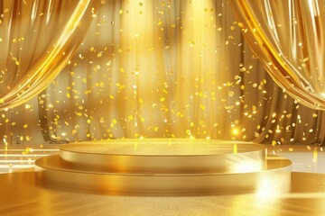 A stage with a golden curtain and confetti, perfect for event or celebration concepts