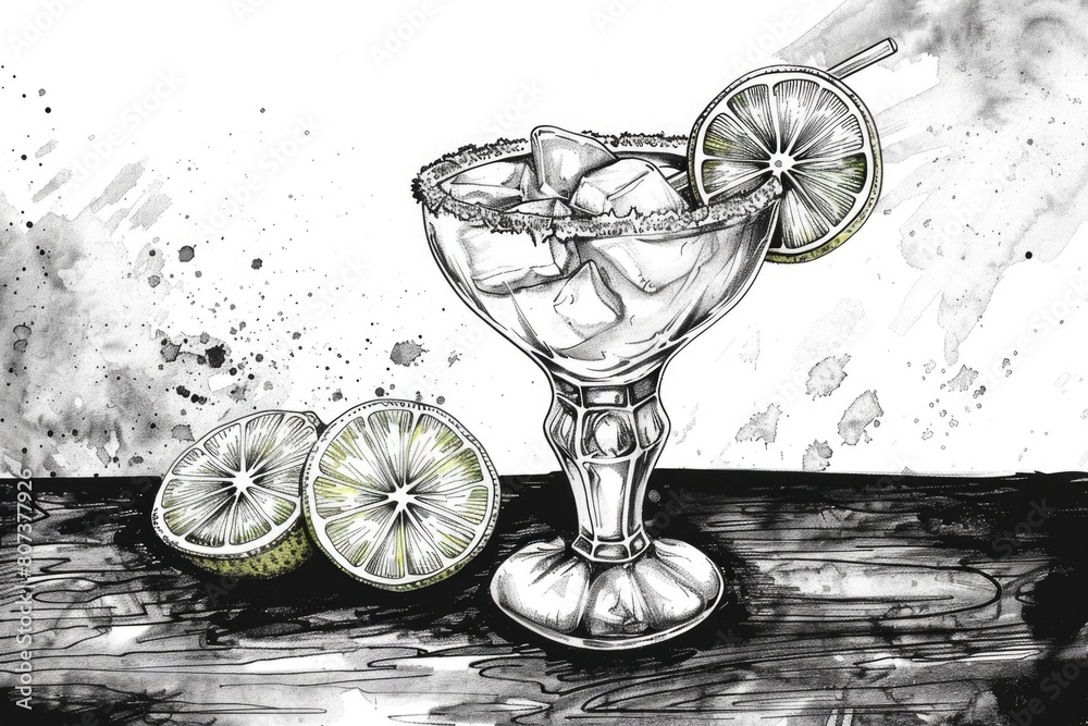 Poster a drawing of a margarita with a slice of lime. perfect for cocktail menus