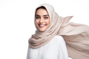 Portrait of beautiful caucasian happy smiling woman wearing pastel hijab over white png background. Waving head scarf, femininity, concept of goods for muslim islamic women. Copy space for design.