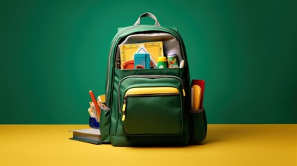 School backpack with stationery on a green background.AI generated image