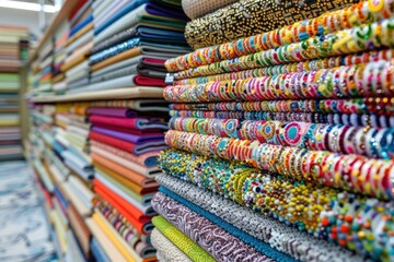 Colorful fabrics neatly stacked in a store, perfect for textile and fashion concepts