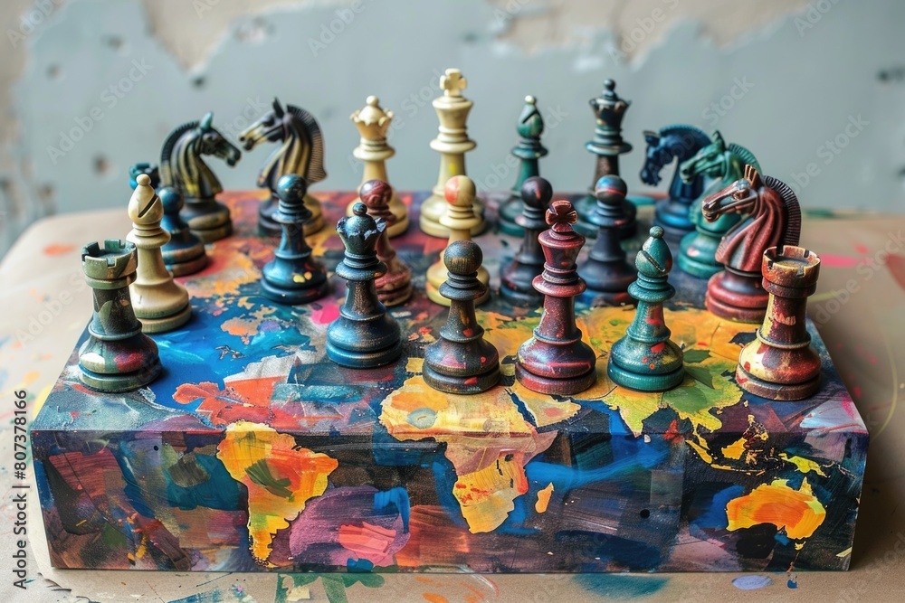 Poster chess board with various chess pieces, suitable for strategy and gaming concepts