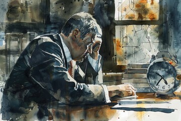 A man sitting at a table with a clock, perfect for illustrating time management concepts