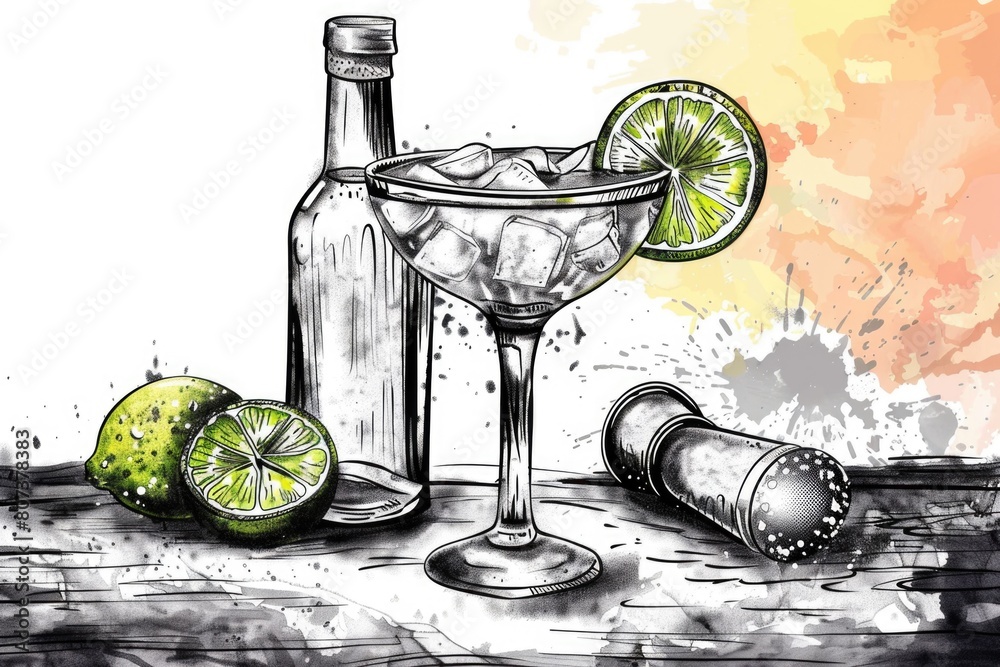 Poster a drawing of a martini with limes and a bottle, suitable for bar and cocktail concepts