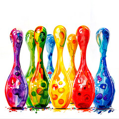 A row of colorful bowling pins are painted in a rainbow of colors