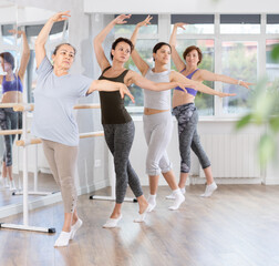 Female ballet dancers doing various ballet movements at a ballet barre in third position