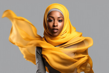 Portrait of beautiful black skin woman wearing hijab over greyk background. Waving head scarf, femininity, concept of goods for muslim islamic women. Copy space for text and design.