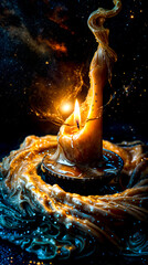 A candle is lit in a pool of liquid, creating a warm and inviting atmosphere