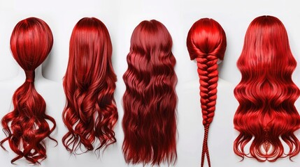 Different Types and Lengths of Red Hair on a White Background. Concept Red Bob, Long Red Curls, Short Red Pixie, Red Ombre, Red Braids, White Background