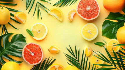 Citrus Fruits and Palm Leaves on Yellow Background