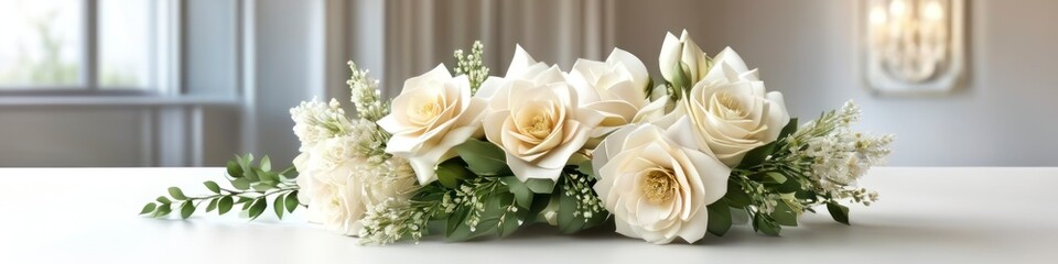 Romantic wedding bouquet with a variety of white flowers, including roses and peonies, accented with soft green leaves.