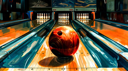 A bowling ball is on the lane in a bowling alley