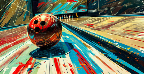 A bowling ball is rolling down a bowling lane