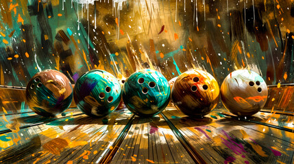 A painting of bowling balls in a bowling alley