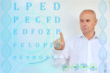 scientist, doctor ophthalmologist shows letters on blue virtual display, check vision patients...