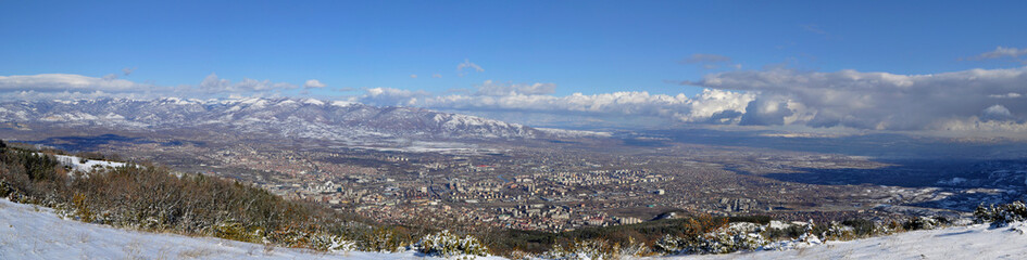 Panoramic view from  mountain Vodno. Winter photo with snow. The capital Skopje can be seen in the distance.