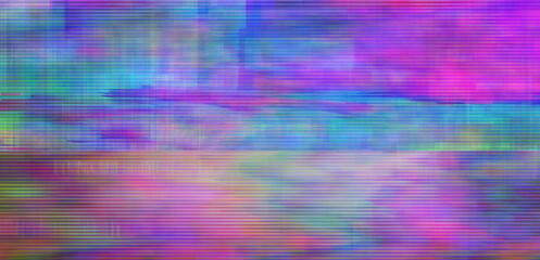 Background texture of retro CCTV or VHS video with multicolored noise and horizontal lines. Conceptual illustration of a broken computer screen.