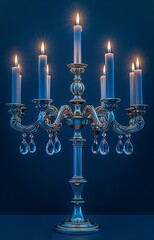 Fototapeta premium Silver Hanukkah menorah gleams with lit candles against a serene blue backdrop, radiating tradition