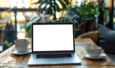 Fototapeta premium Laptop Mockup with Blank Screen on Wooden Table, Coffee Shop Background for Text/Ads Overlay
