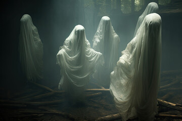 Ghostly white figures, wearing white veils and dresses. They are standing in a circle in a dark, foggy forest surrounded by wooden logs. The atmosphere is eerie and mysterious.