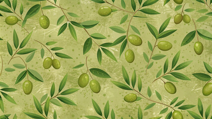 Repetitive Pattern of Olive Branches with Green Leaves and Olives - Natural Theme and Soothing Color Palette Perfect for Wallpaper, Fabric, or Decorative Surfaces.