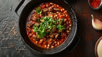 Stew pot with beans and chili, sprinkled with parsley