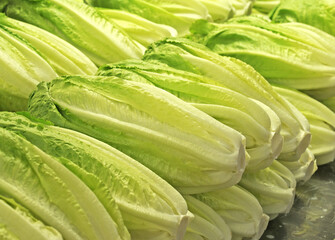 Obraz premium Pile of Chinese cabbage in a market stall. Selective focus