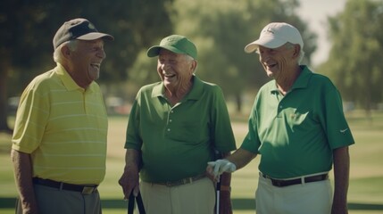 Three senior golfers talking on the golf course.AI generated image