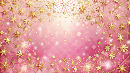 Decorative Pink Gradient Background Embellished with Golden Stars, Sparkles, and Interconnected Geometric Patterns - Ideal for Festive Occasions or Creative Projects.