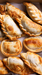 Comida de pizzería y roticería deliciosa y colorida: pizzas, empanadas, pollo al spiedo, canastitas, milanesa, tartas, papas fritas, carne, queso, lechuga, tomate, cebolla, verdeo, aceituna, huevo