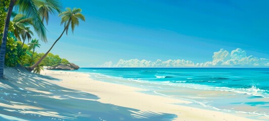 Tropical beach landscape with palm trees and ocean view. Serene coastal scene. Tropical paradise. Concept of travel, summer vacation, and peaceful beaches. Wide banner. Copy space