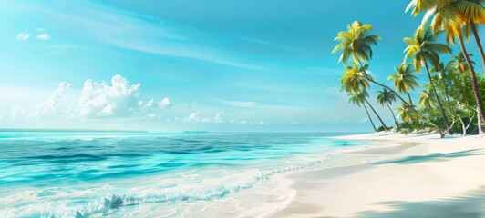 Obraz premium Tropical beach landscape with palm trees and ocean view. Serene coastal scene. Tropical paradise. Concept of summer vacation, and peaceful beaches. Wide banner. Copy space