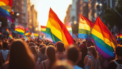 Among the streets, hundreds of people march with LGBTQ flags in the pride parade.
