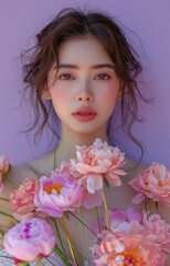 Fototapeta premium Radiant Asian woman, flawless makeup, pink lips, holding peonies, against purple backdrop, exudes elegance
