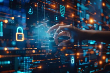 Fototapeta premium Cyber audits and secure access are crucial for laptop safety, employing digital locks and system-wide cybersecurity measures to protect data.