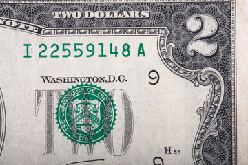 US 2 dollar bill, close up of US 2 dollar bill, President Thomas Jefferson on a banknote